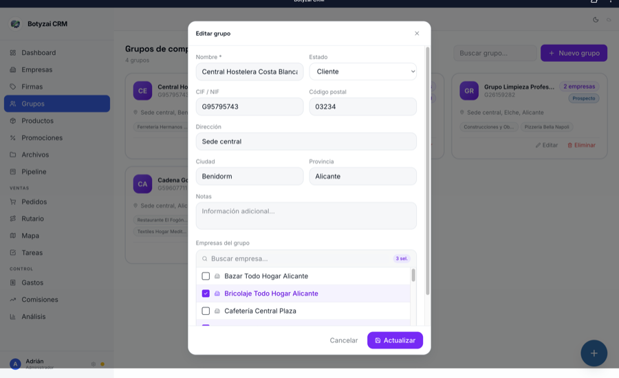 Gestión de grupos de compra en Botyzai CRM