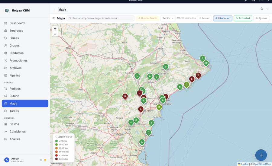 Mapa de geolocalización de clientes en Botyzai CRM