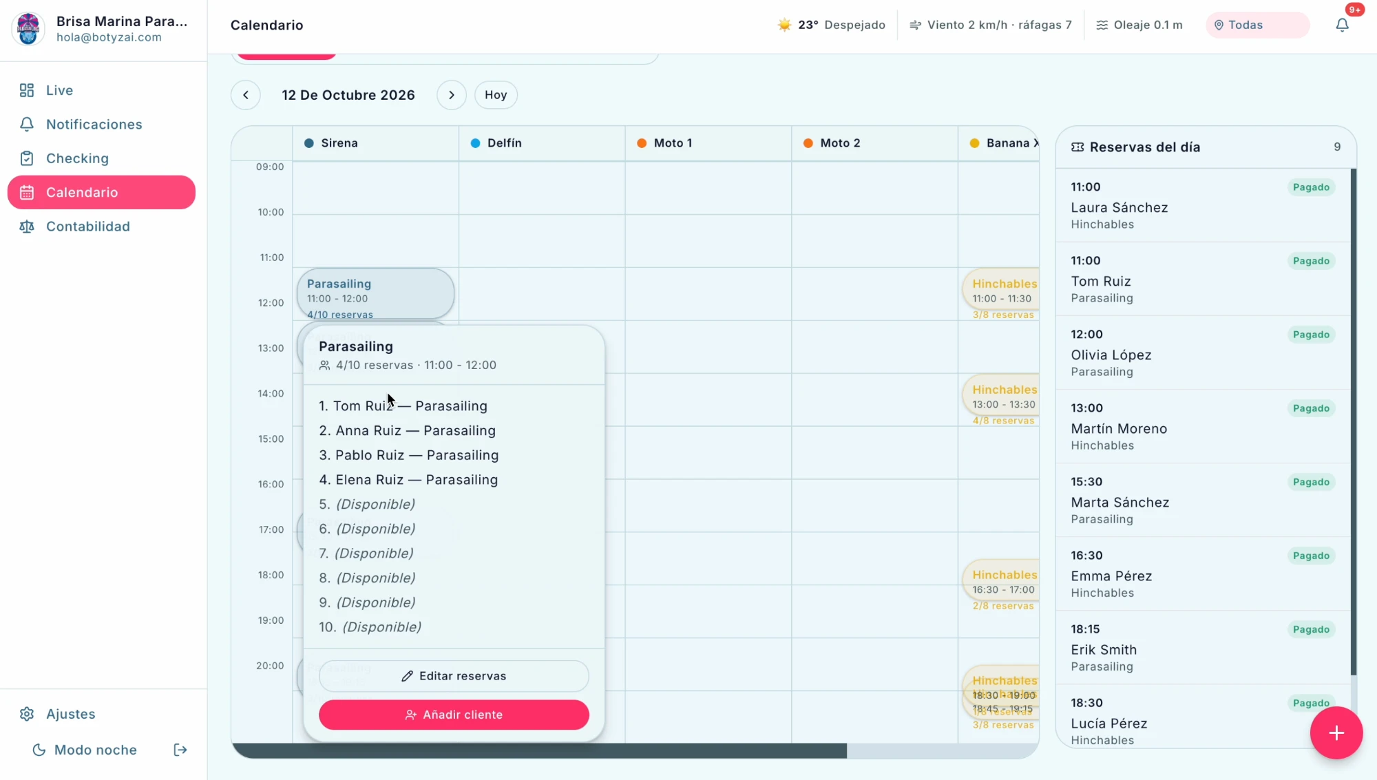 Calendario de salidas por embarcación con plazas disponibles