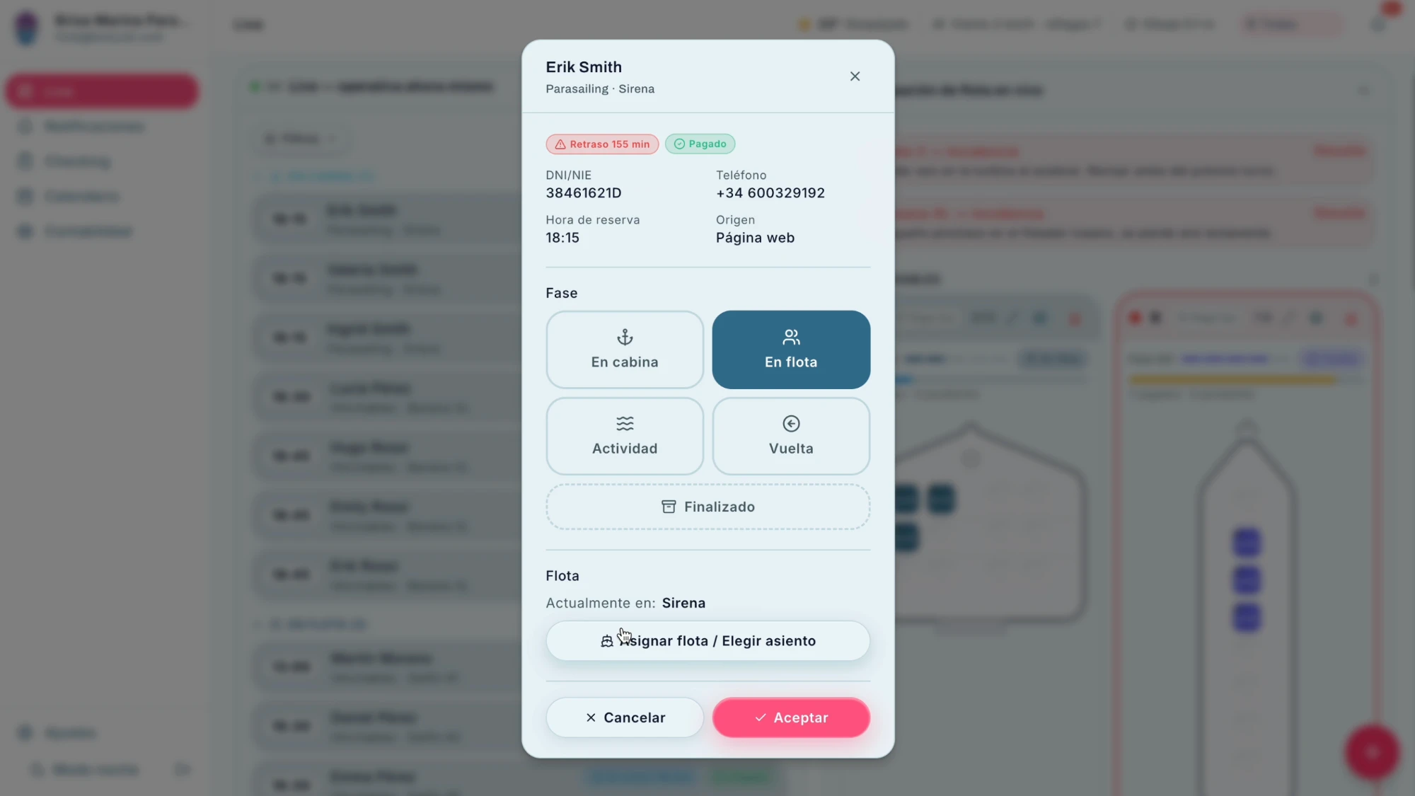 Ficha de un cliente con sus fases y la asignación de flota