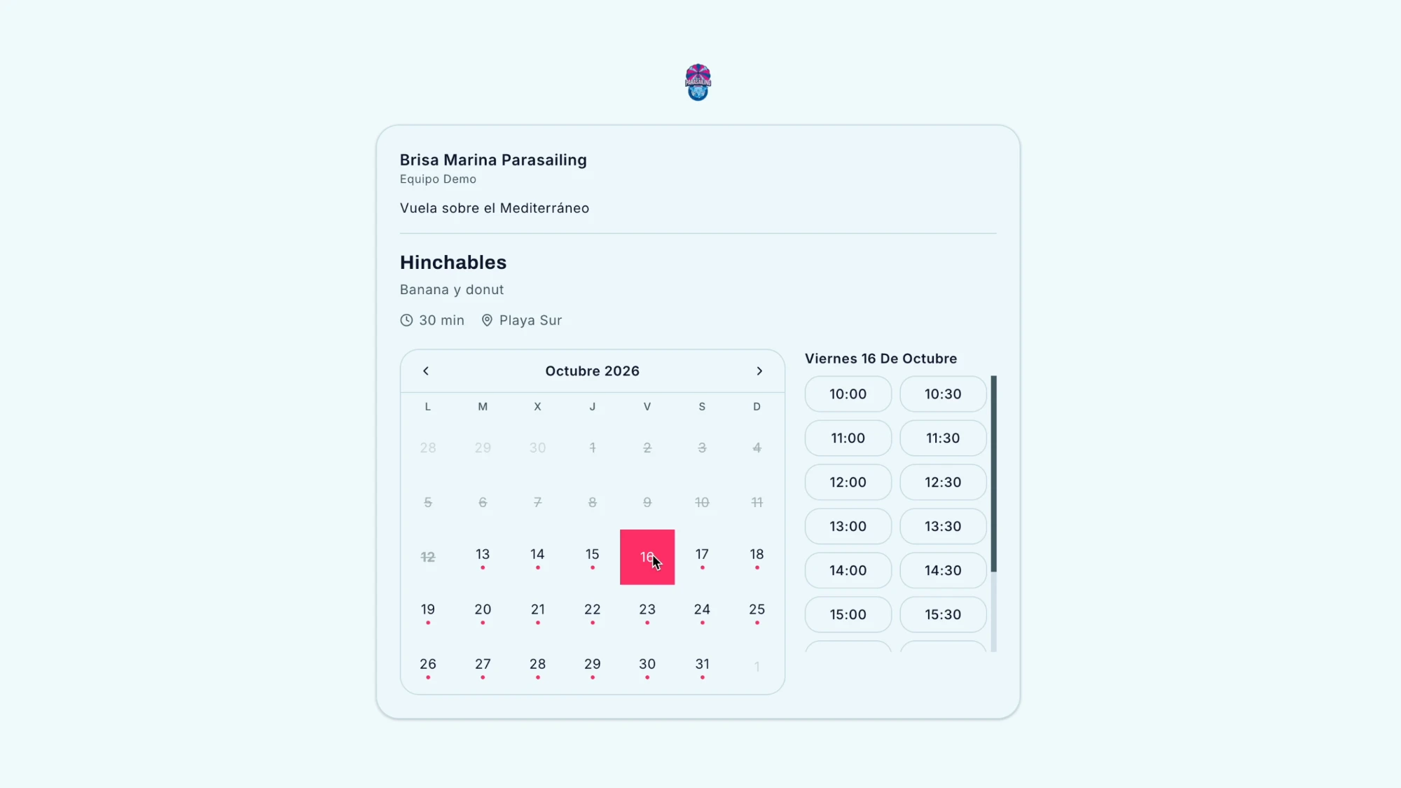 Enlace público de reservas con calendario y horarios